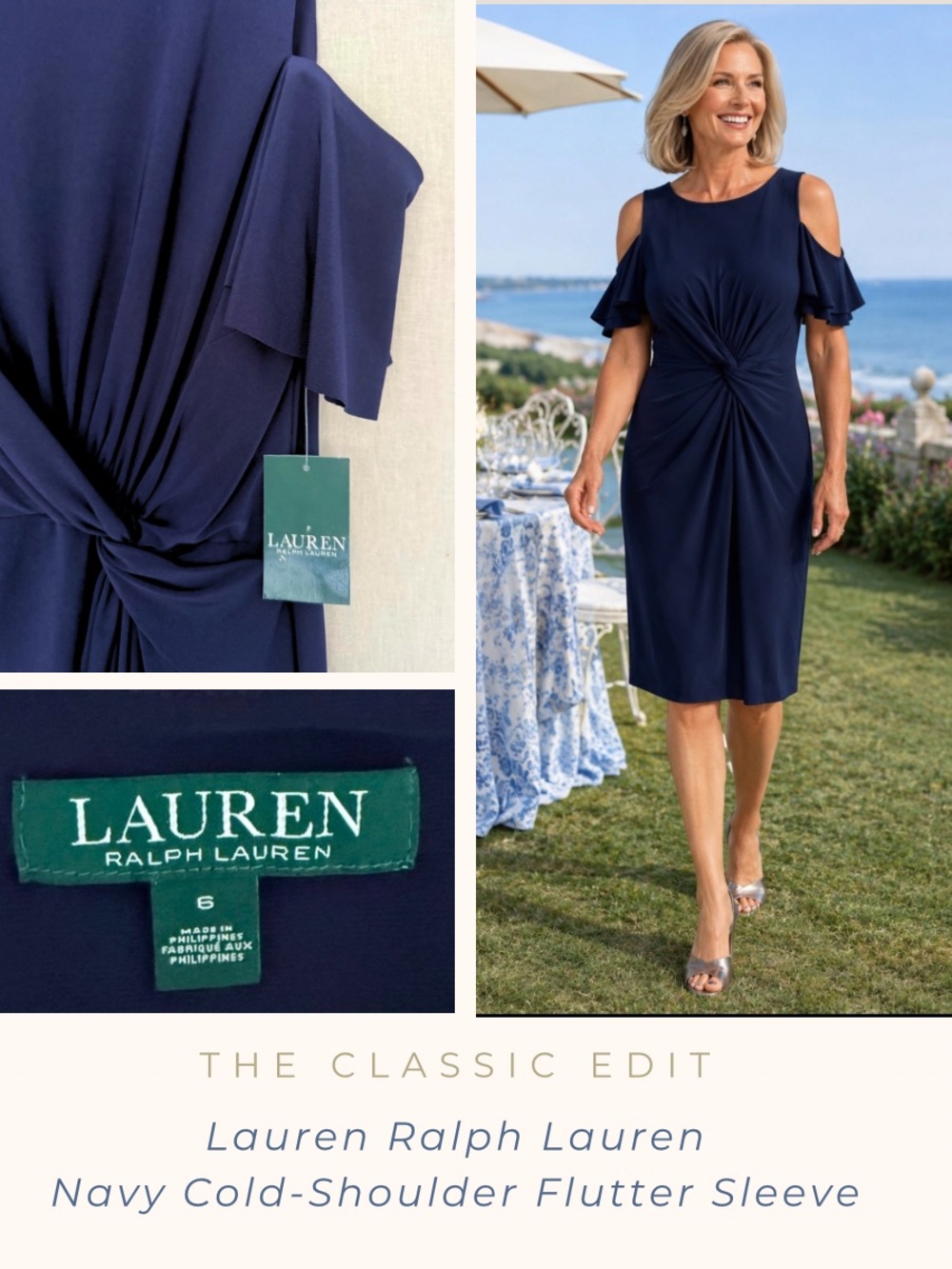 Lauren Ralph Lauren Navy Cold-Shoulder Flutter Sleeve Twist-Front Dress | NWT